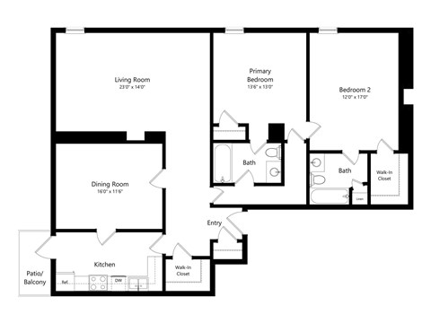 Floor plan for 2 beds, 2 baths, 1650 sqft